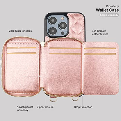 Bocasal Crossbody Wallet Case Card Holder for iPhone 14 Pro Max Rose Gold - color: Rose Gold