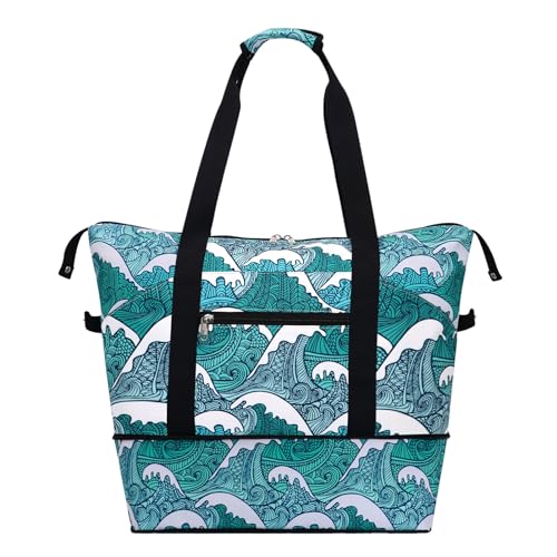 Expandable Duffel Bag for Women with Trolley Sleeve/Wet Pocket Weekender Travel Tote Large Carry On Overnight Luggage - color: Tide