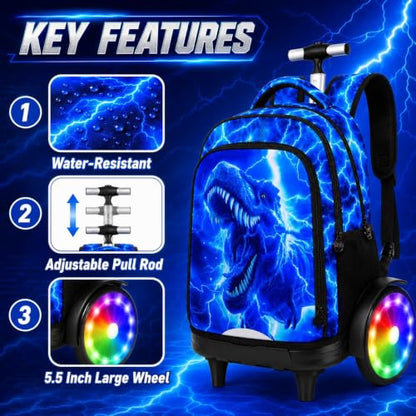 20 Inches Large Wheels Rolling Backpack for Boys with Light Up, 3Pcs Kids Lightning Dinosaur Wheeled Backpack Set for Elementary School (Blue) - color: Lightning Dinosaur(large Wheels)