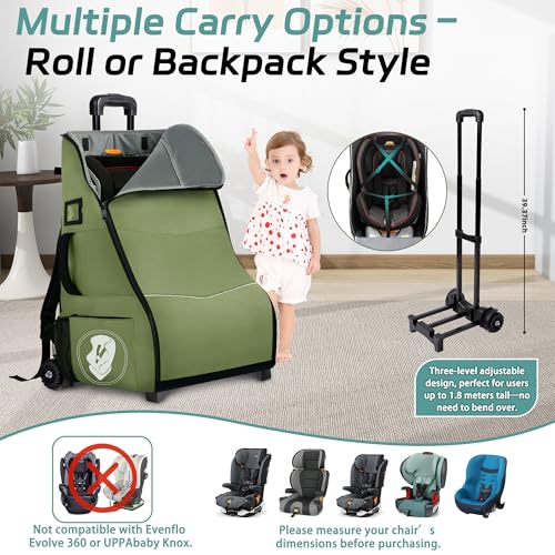 Rolling Car Seat Travel Bag with Wheels – Car Seat Backpack Transport Case for Airplane Travel, Fits Convertible & Booster Seats, Protective Storage Cover, (Green) - color: Green