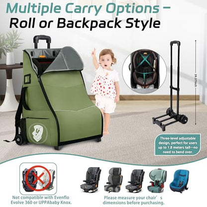 Rolling Car Seat Travel Bag with Wheels – Car Seat Backpack Transport Case for Airplane Travel, Fits Convertible & Booster Seats, Protective Storage Cover, (Green) - color: Green