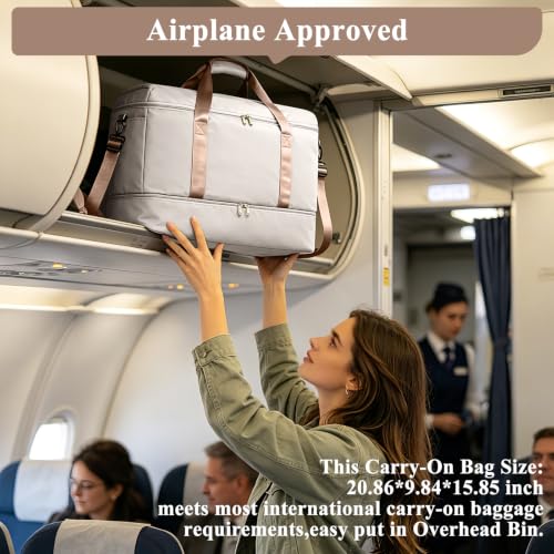 Travel Duffle Bag with Shoe Compartment, Overnight Weekender Bags for Women - color: Beige & Brown