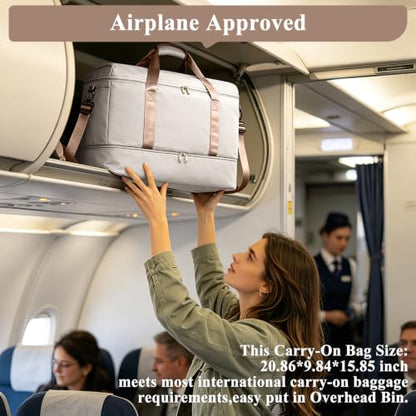 Travel Duffle Bag with Shoe Compartment, Overnight Weekender Bags for Women - color: Beige & Brown