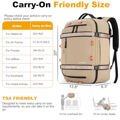40L Travel Backpack 17.3" Laptop Carry On Duffel Flight Approved - color: Khaki