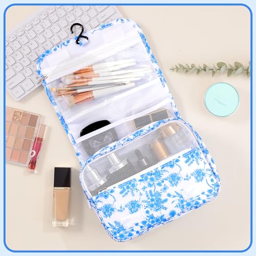Hanging Toiletry Bag for Women, Portable Cosmetic Summer Beach Bag, Floral - color: blue&white
