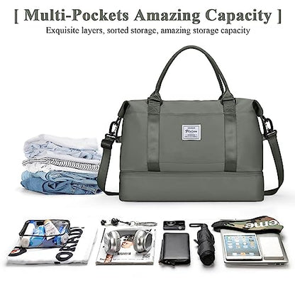 Travel Duffel Bag with Shoes Compartment, Weekender Bags for Women - color: A-Olive Green, size: Medium