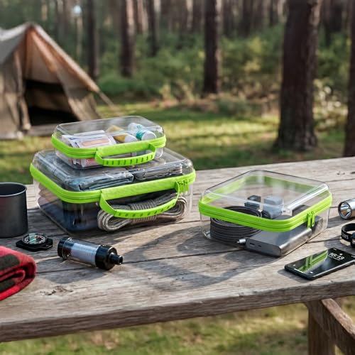 Clear Hard Shell Zipper Organizer Cases, 3 Pack with Handles - color: Green