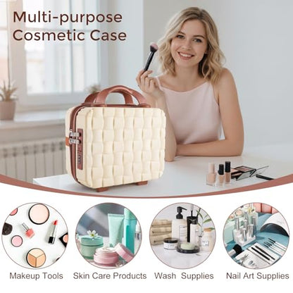 10" Hard Shell Cosmetic Case for Travel (Off White) - color: Cream & Brown