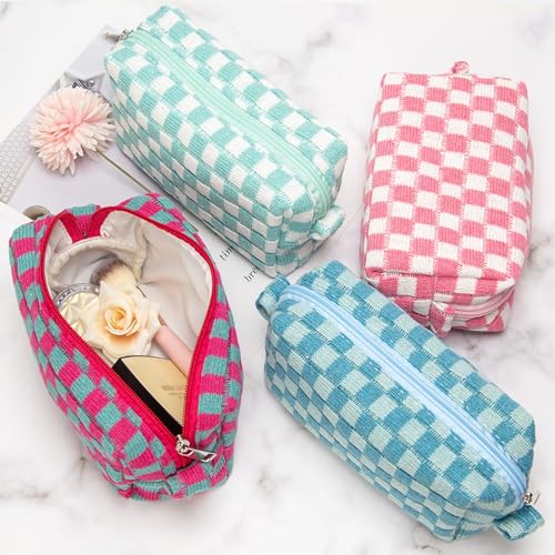 Checkered Makeup Bag for Purse, Small Travel Cosmetic Pouch,Magenta Green - color: Magenta Green