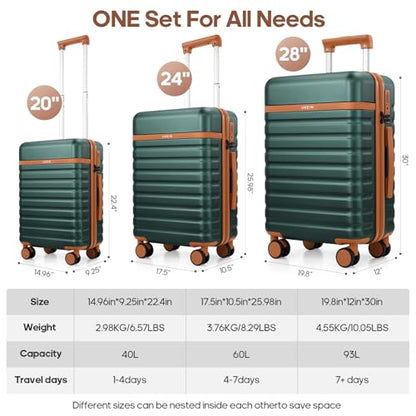 3 Piece Luggage Set, Lightweight Hardshell Large Checked Suitcase TSA Lock - color: Dark Green, size: 3-Piece Sets (20in/24in/28in)