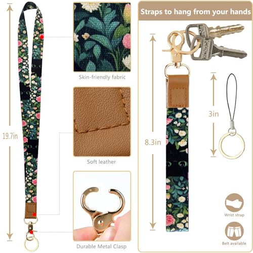 2-in-1 ID Badge Holder & Lanyard Wallet Cute Women Leather Zip ID Case Wallet with Breakaway Wrist Neck Lanyard, Clear Window, 5 Card Slots, Ring Keychain for Worker Teacher Floral Halloween Black Cat - color: Flower Black Cat