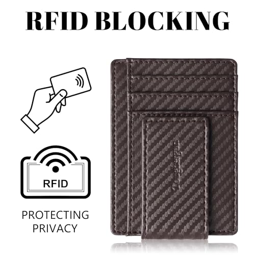 Toughergun Slim Wallet for Men RFID Blocking Money Clip, Minimalist Front Pocket Credit Card Holder, Magnetic Thin Mens Wallets with ID Window - color: Glossy Weave Brown