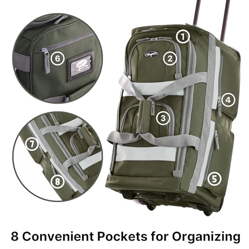 Olympia U.S.A. 33 inch Jumbo Size 8 Pockets Wheeled Rolling Duffel Bag Water Resistant Luggage Lightweight Travel Suitcase with Retractable Handle - color: Green, size: 33 inch