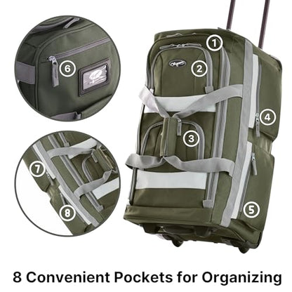 Olympia U.S.A. 33 inch Jumbo Size 8 Pockets Wheeled Rolling Duffel Bag Water Resistant Luggage Lightweight Travel Suitcase with Retractable Handle - color: Green, size: 33 inch