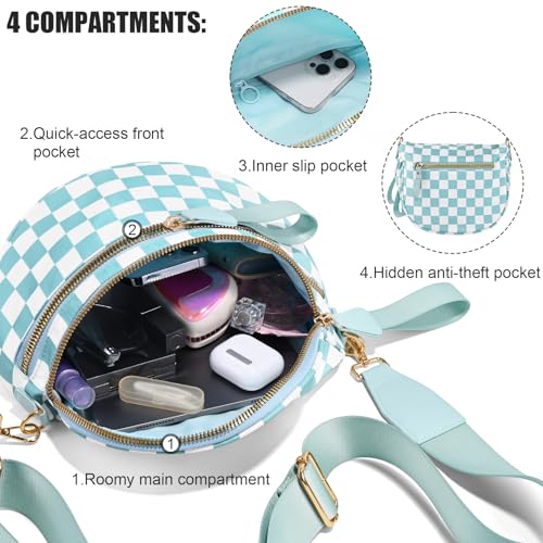 Checkered Crossbody Bags for Women, Large Nylon Bum Bags - color: Light Blue Checkered