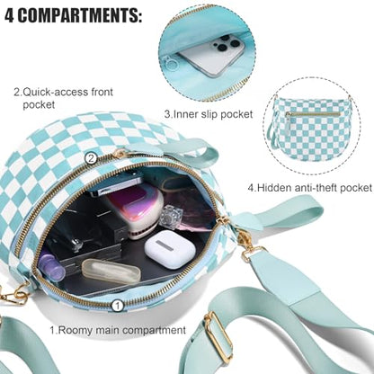 Checkered Crossbody Bags for Women, Large Nylon Bum Bags - color: Light Blue Checkered