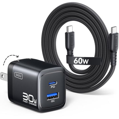 INIU USB C Charger Block, 30W GaN Fast Charging with Smart Phone Protection - color: Black, size: 1 Pack + 1 Cable