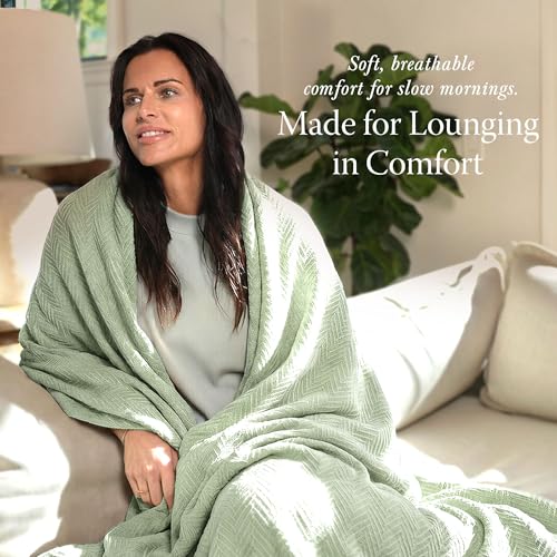 Threadmill Luxury 100% Cotton Queen Herringbone Blanket, Sage Green - color: Sage Green, size: Queen (90" x 92")