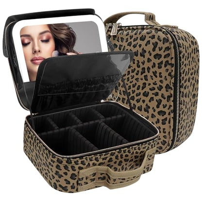 MOMIRA Travel Makeup Bag Cosmetic Bag Makeup Organizer Bag with Large Lighted Mirror（Leopard Light-brown） - color: Leopard Light-brown