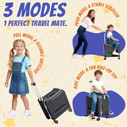 20" Ride-On Suitcase for Kids Lightweight Carry-On Luggage with Detachable Seat&Dual Telescoping Handles&360°Silent Spinner Wheels & TSA Lock - color: Grey