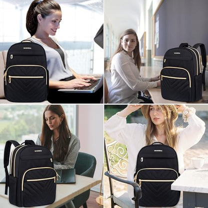 VANKEAN 15.6 Inch Laptop Backpack for Women Large Capacity Daypack - color: Quilted Black, size: 15.6 Inch