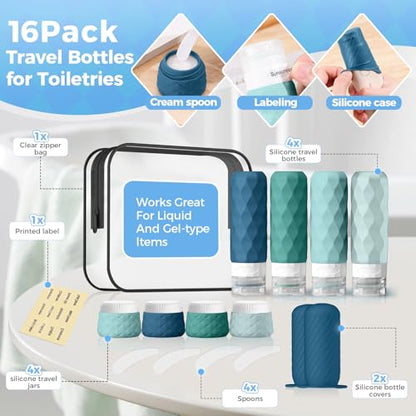 Silevoler 16Pack Travel Bottles for Toiletries, Bottles, Jars, and Covers - color: Mint Green