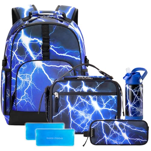 Choco Mocha Lightning Backpack Set Kids Backpacks for Boys, Boys Backpack with Lunch Box & Water Bottle, Elementary School Bookbag Age 6-8 17 Inch, Blue - color: Lightning Blue