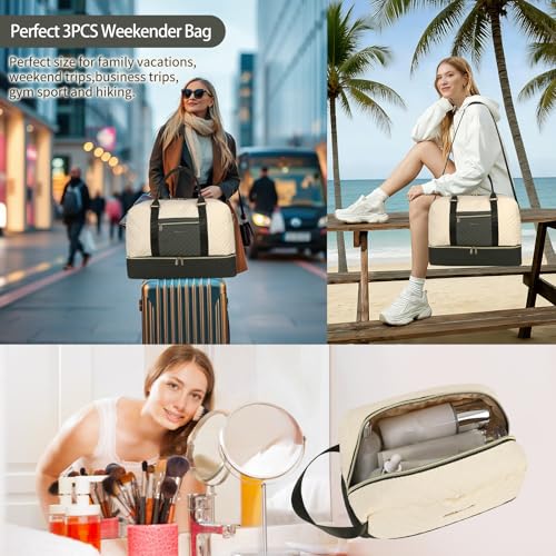 3PCS Weekender Bags for Women Large Overnight Bag, Black Beige Green - color: Black Beige Green