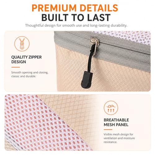 8 Piece Compression Packing Cubes Set for Travel, Large Capacity Space Saving Luggage Organizer with Double Zipper Compression, Shoe Bag, Toiletry Bag & Electronics Pouch, Beige