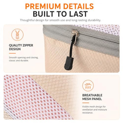 8 Piece Compression Packing Cubes Set for Travel, Large Capacity Space Saving Luggage Organizer with Double Zipper Compression, Shoe Bag, Toiletry Bag & Electronics Pouch, Beige
