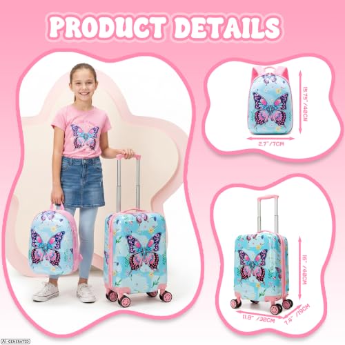 Kid's Hardshell Luggage Sets 4 Piece Rolling Suitcases with Wheels for Girls Women 16" Carry on Luggage Toddler Travel Suitcase Set - color: Pink Butterfly
