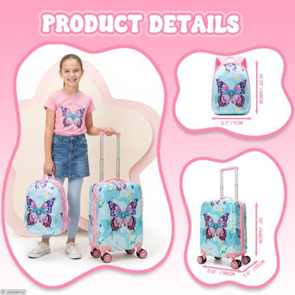 Kid's Hardshell Luggage Sets 4 Piece Rolling Suitcases with Wheels for Girls Women 16" Carry on Luggage Toddler Travel Suitcase Set - color: Pink Butterfly