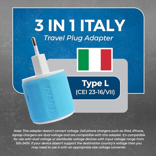 OREI Type L Travel Adapter with Dual USB – Italy, Chile & Uruguay, Blue - style: Type L - Italy