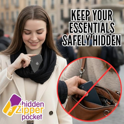 elzama Infinity Loop Solid Color Scarf With Hidden Zipper Pocket For Women - Lightweight Travel Neck Wrap - color: 02-melange Grey