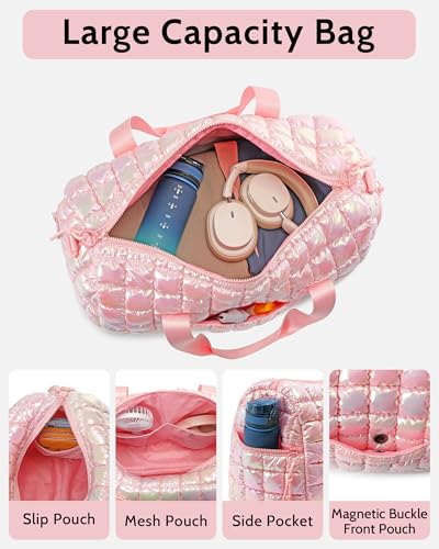Quilted Duffel Bag for Women, Puffer Gym Duffle Bag with Shoe Compartment Lightweight Large Crossbody Sport Travel Bag Tote Pink Abalone - color: Abalone