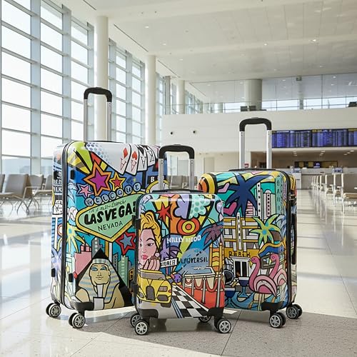 InUSA Cities Print Luggage with Spinner Wheels | Durable Lightweight Hardside Suitcase | Travel Bag with Handle and Trolley | (20in, 24in, 28in) 3 Piece Set - color: Cities, size: 3 Piece Set (20/24/28)