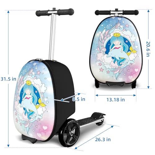 Baotree Scooter Suitcase for Kids, 2 in 1 Ride-on Luggage with Flash PU Wheels, Adjustable Handle & TPR Non-Slip Grip, Foldable & Lightweight, Ages 5-12 - color: Light Blue
