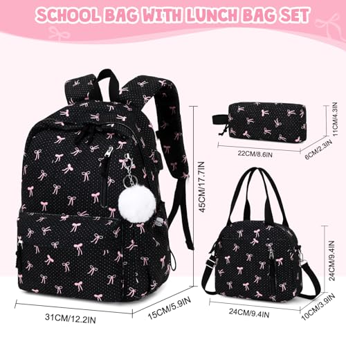 3PCS Corduroy Girls Backpack w/ Lunch Box & Pencil Bag (Black Bow Tie) - color: Black Bow Tie