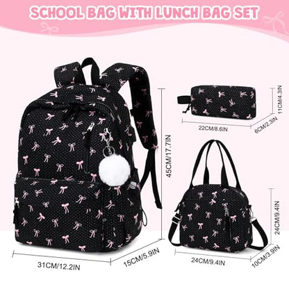 3PCS Corduroy Girls Backpack w/ Lunch Box & Pencil Bag (Black Bow Tie) - color: Black Bow Tie