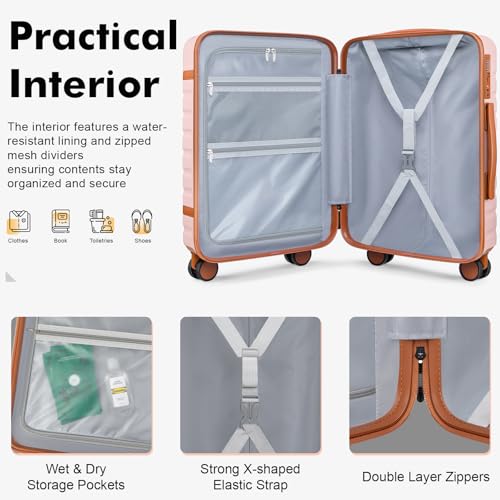 20" Carry On Luggage Set 3 Piece With Travel Backpack, YKK Zippers - color: Pink, size: 3 Piece Set (20inch)