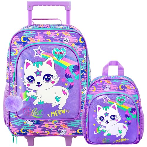 2Pcs Girls Suitcase Set, Kids Carry on Rolling Luggage with Wheels, Cat Travel Suitcases with Toddler Backpack(Pink) - color: Cat Purple