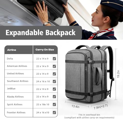 Comfort Travel Backpack,Expandable Carry on Backpack with LifetimeWarranty - color: Grey, size: 17.3inch - 19.2"x13.4"x7.9"(+2.7")