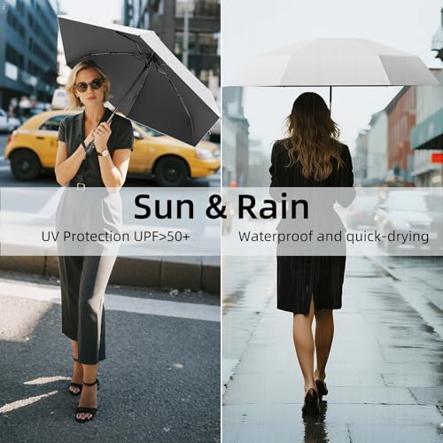 Automatic Travel Mini Umbrella, Compact Folding Small Pocket Umbrellas for Purse Wallet, UV Sun Rain Protection, Lightweight Portable Design Fits in Backpack for Women Men Kids - color: Black + White