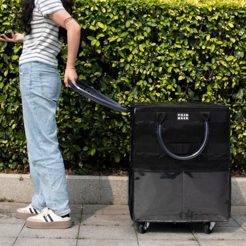 Reusable Grocery Bag with Wheels, Large Black Rolling Tote | 8 Pockets, Zipper Cover, Foldable for Women, Kitchen, Travel, Carries Up to 76LBS - color: Black, size: Large