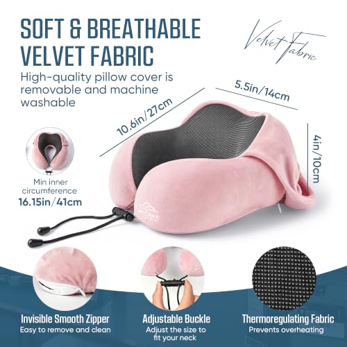SkytraxComf® Travel Neck Pillow with Hood for Privacy on Long Flights - color: Pink