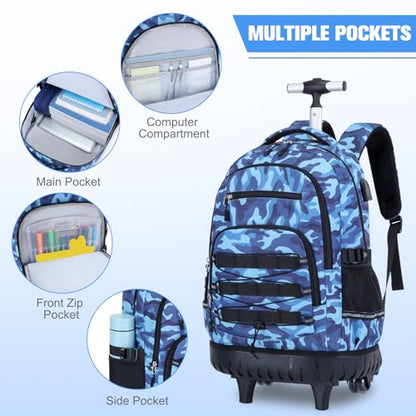 ACESAK 3PCS Camo Rolling Backpack for Boys with Lunch Box Pencil Case - color: Camo Blue