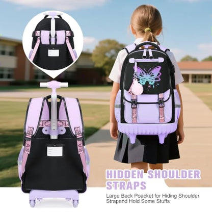 Bevalsa Rolling Backpack for Girls, 3PCS Roller School Backpack Set - color: Purple Butterfly