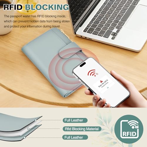 RFID Passport Holder for Travel, Leather Passport Cover Travel Wallet - color: Light Blue