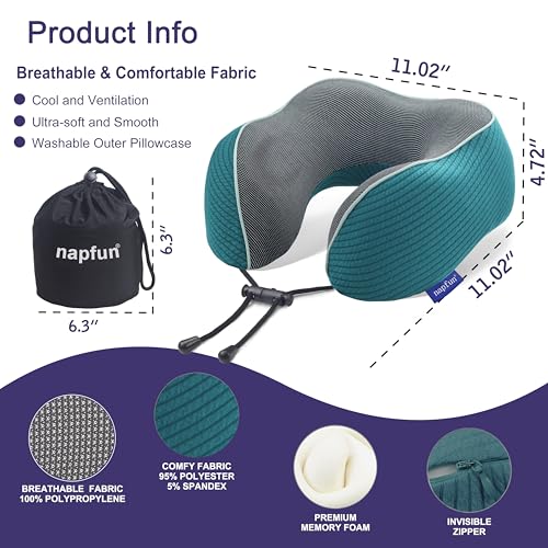 napfun Neck Pillow for Travel, Memory Foam Airplane Pillow, Teal - color: Teal