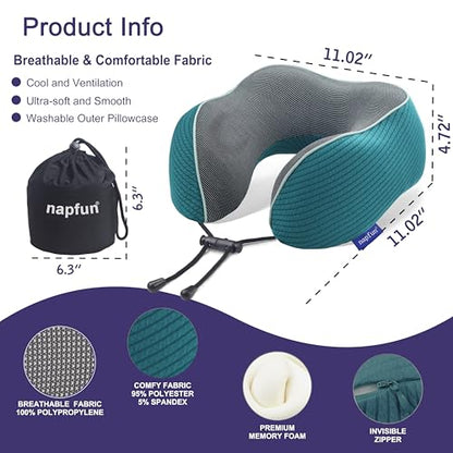 napfun Neck Pillow for Travel, Memory Foam Airplane Pillow, Teal - color: Teal
